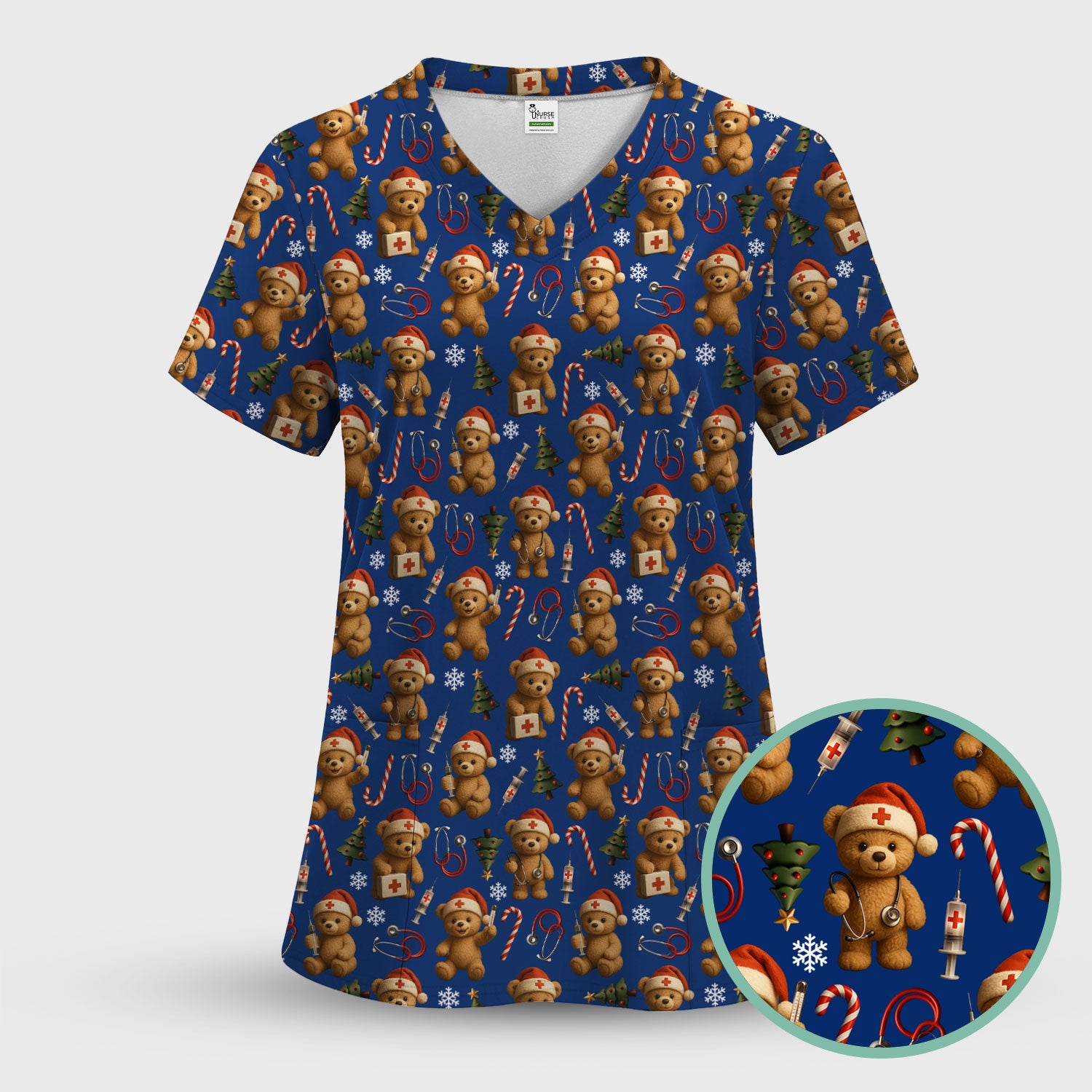 Teddy Bear Christmas Scrubs for Women - Cute Nurse Bear Pattern Medical Scrub Top - Holiday Christmas Scrubs with Fun Festive Design