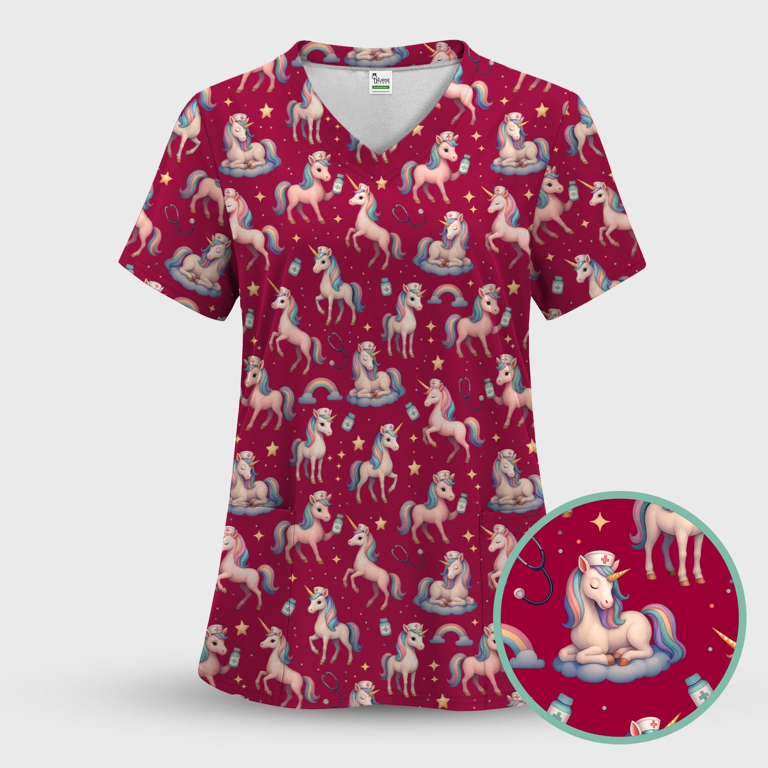 Unicorn Pattern Nurse Scrub Top - Pastel Rainbow Medical Shirt - Cute Fantasy Scrubs Gift for RN LPN CNA Healthcare Staff