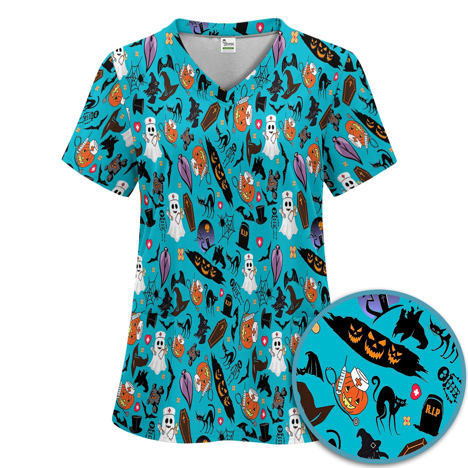 Spooky Halloween Scrub Set - Pumpkin Ghost Bat Nurse Scrubs Pants and V Neck Top - Wicked Witch Medical Uniform for RN CNA LPN