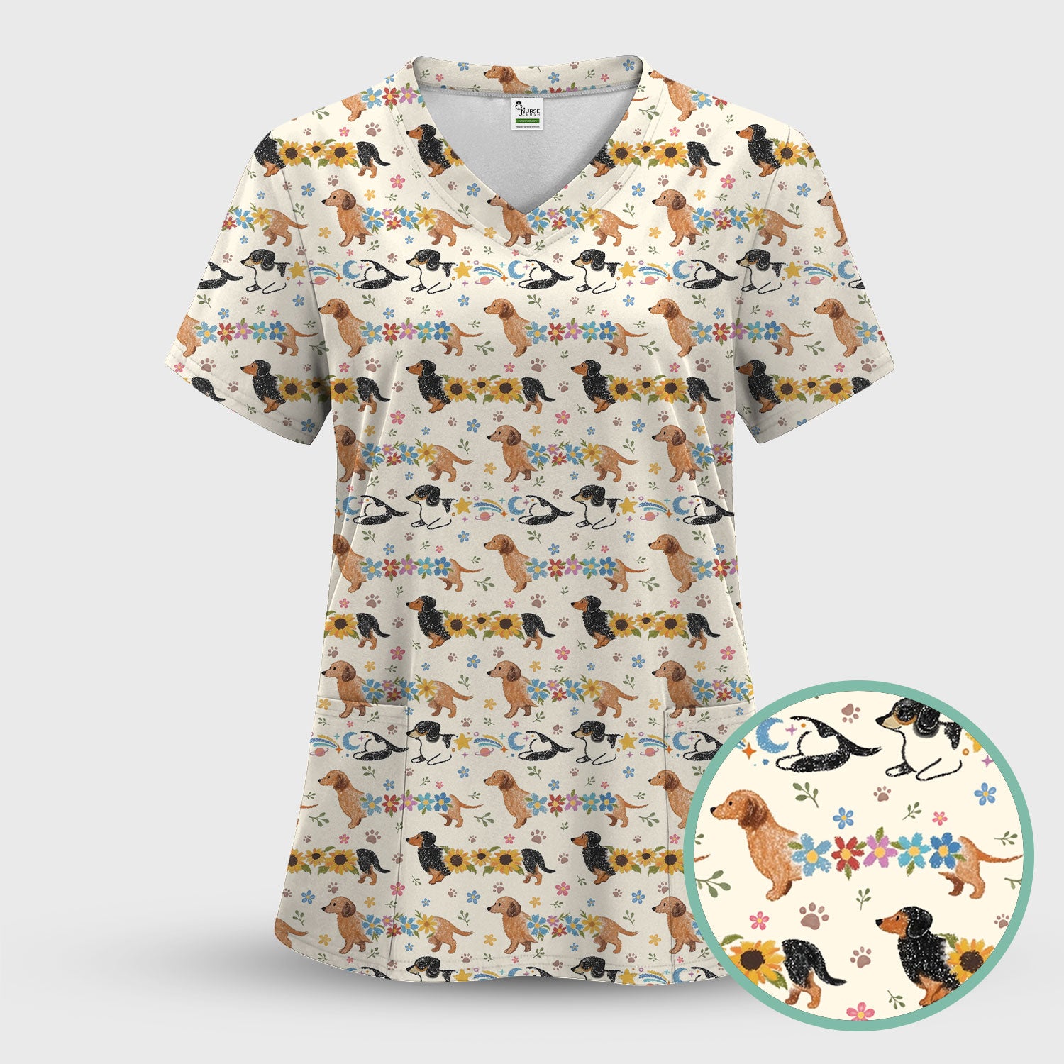 Floral Wiener Dog Pattern Scrub Set, Scrub Pants and V Neck Top