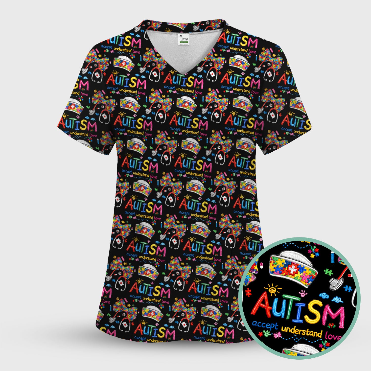 Autism Awareness Pattern Nurse Scrub Top, Accept Understand Love Puzzle Nurses Shirt, Breathable Fabrics Nursing Uniform