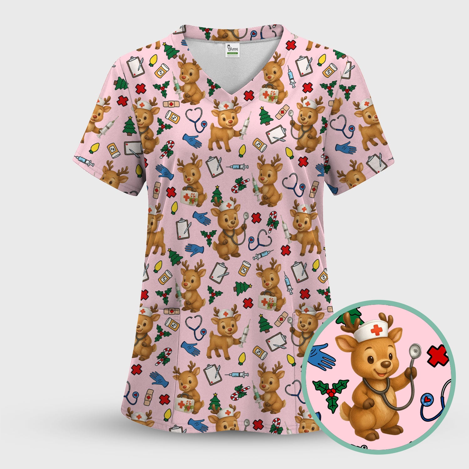 Cute Reindeer Pattern Christmas Scrub Top - Funny Holiday Nurse Scrubs for Women - Medical Christmas Print with Deer and Stethoscope Design