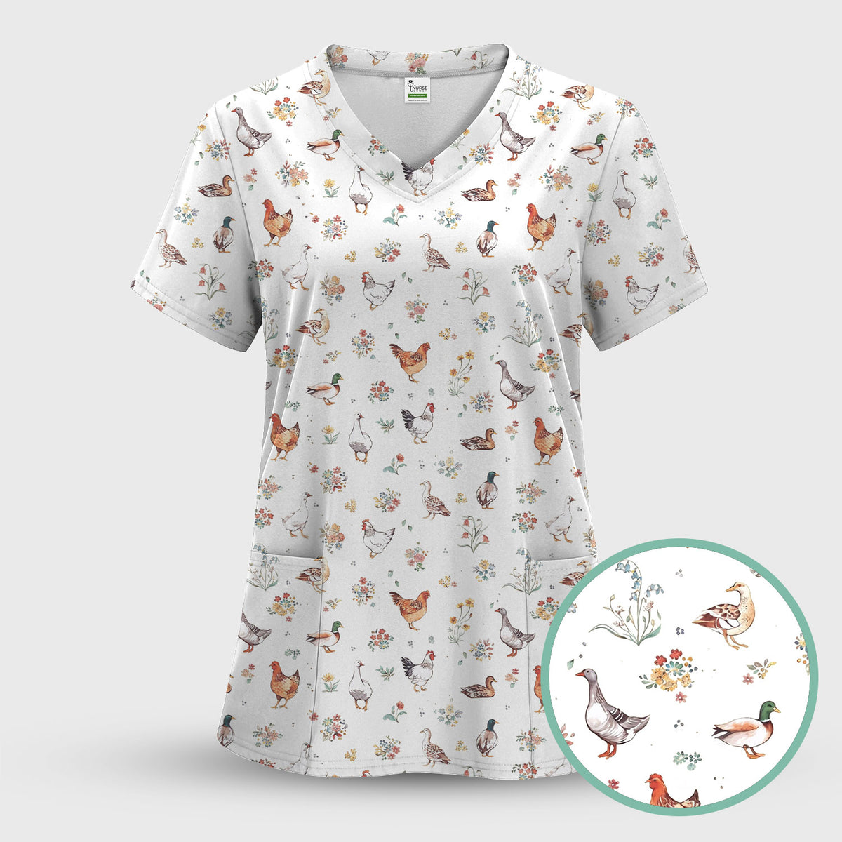 Farm Chicken Duck Floral Pattern Scrubs Sets, Scrub Pants and V Neck Top