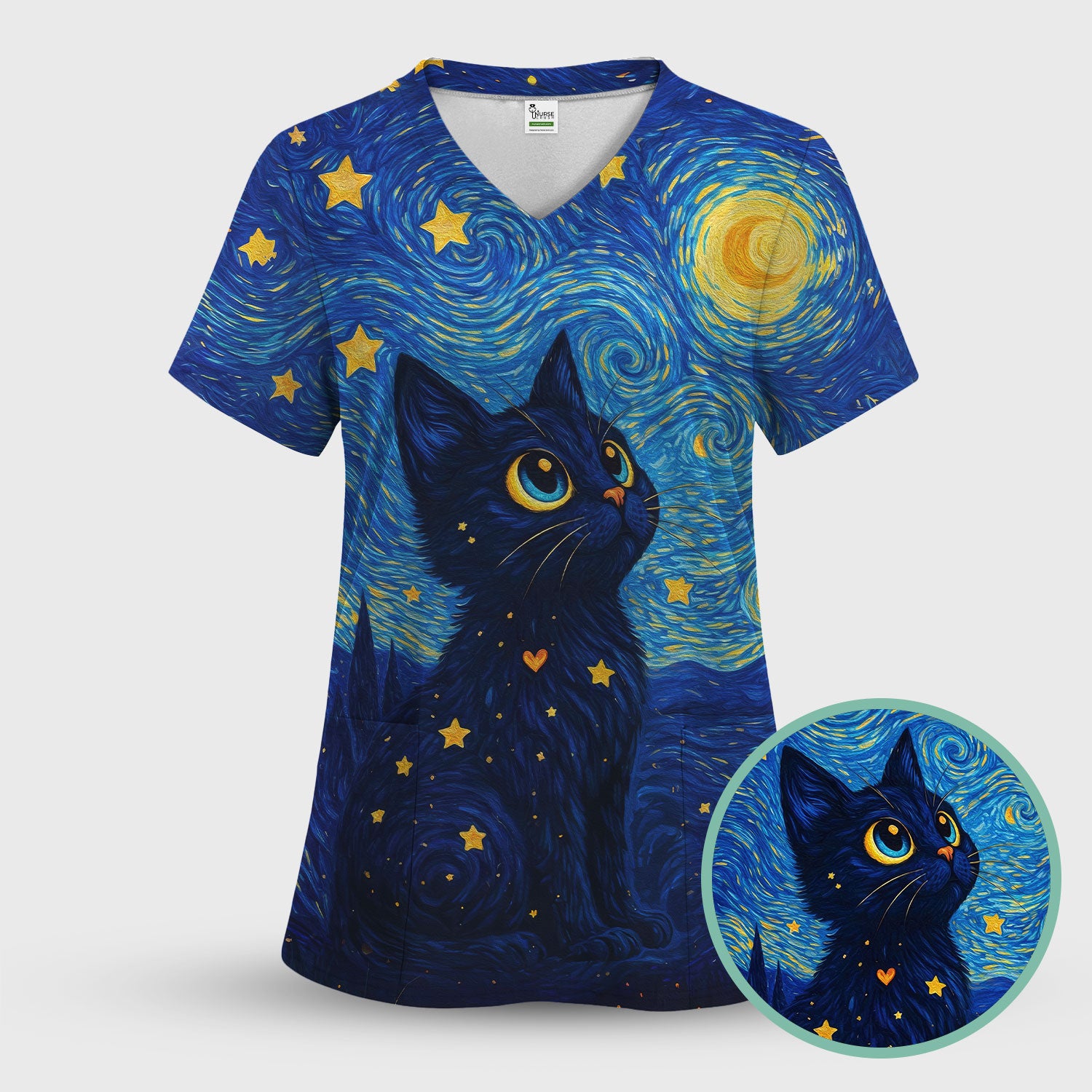Black Cat Starry Night Pattern Scrub Top, Comfortable Scrubs for Nurses