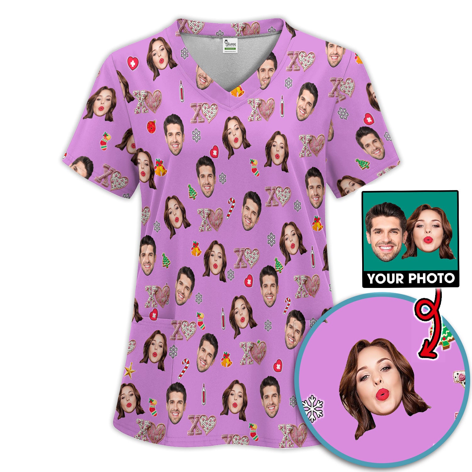Custom Face Pattern XOXO Scrub Shirt, Personalized Photo Scrub Set, Breathable Fabrics Nursing Uniform