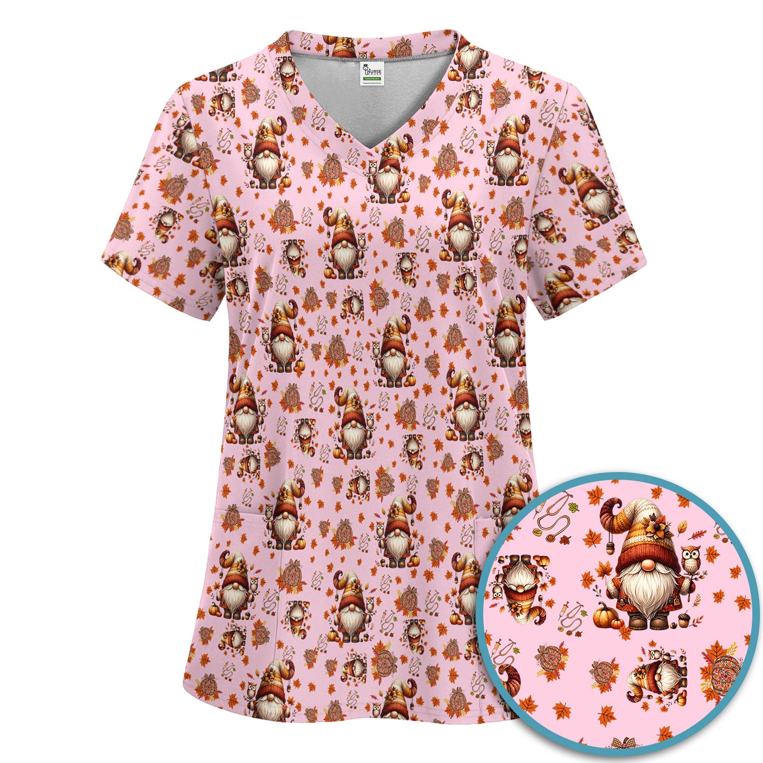 Autumn Leaves Pumpkin Scrubs Set for Women - Gnome Scrubs for Nurse Mama - Breathable Fabrics Nursing Uniform