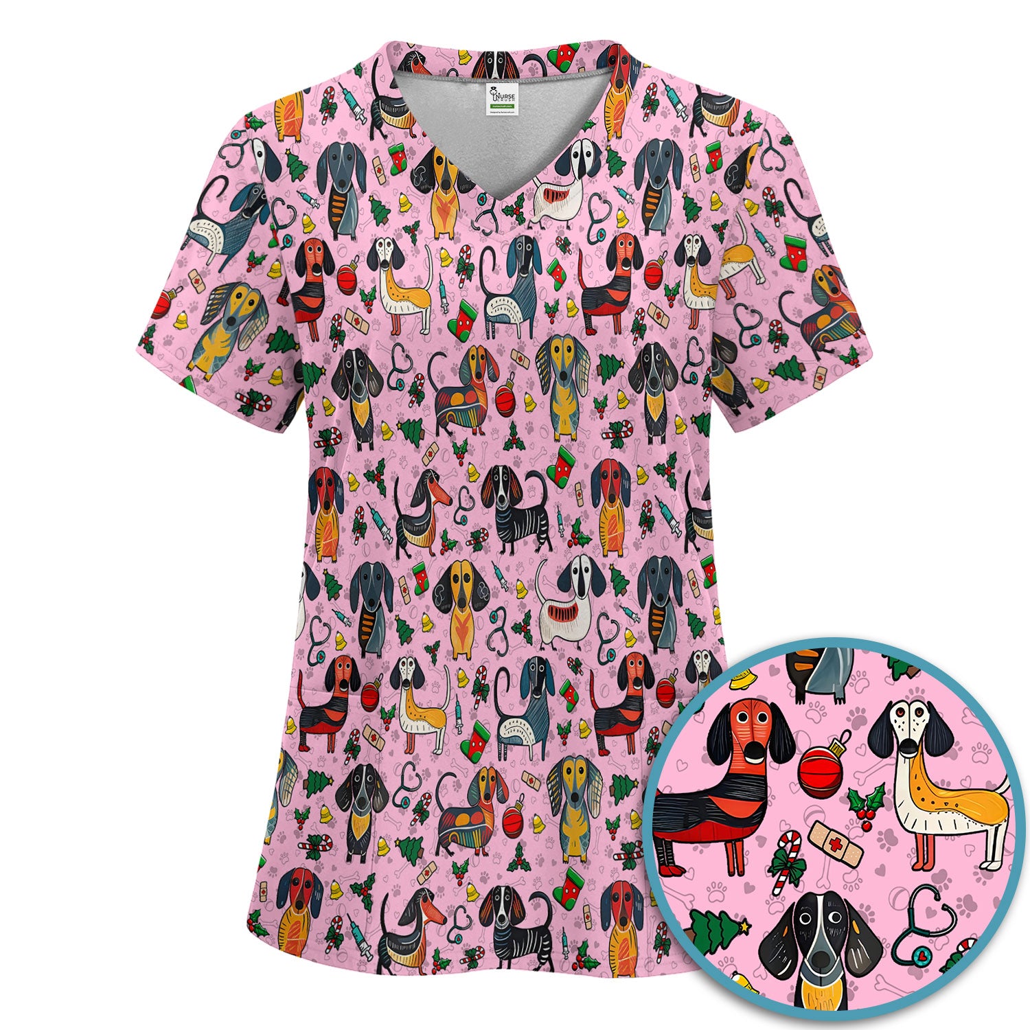 Christmas Wiener Dog Scrub Set - Funny Sausage Dog Pants and V Neck Top - Holiday Medical Uniform