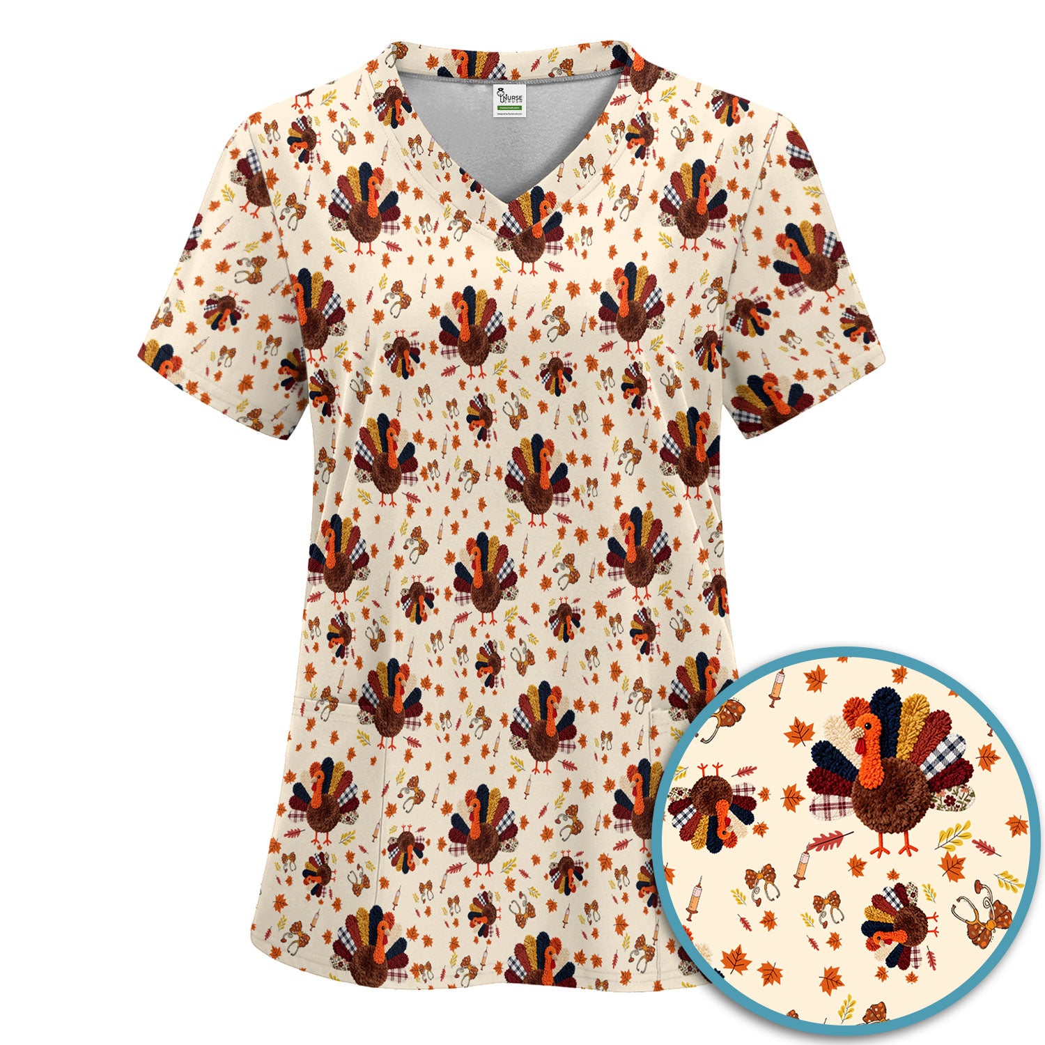 Funny Thanksgiving Nurse Scrub Sets - Fall Leaves and Pumpkin Scrub Pants and V Neck Top - Autumn Turkey Med Uniform