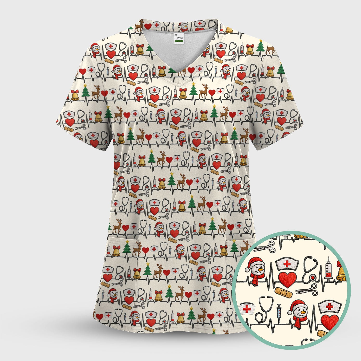 Cute Snowman Nurse Scrub Top, Christmas Holiday Medical Uniform For Nursing, Festive Heartbeat Print Nurse Shirt