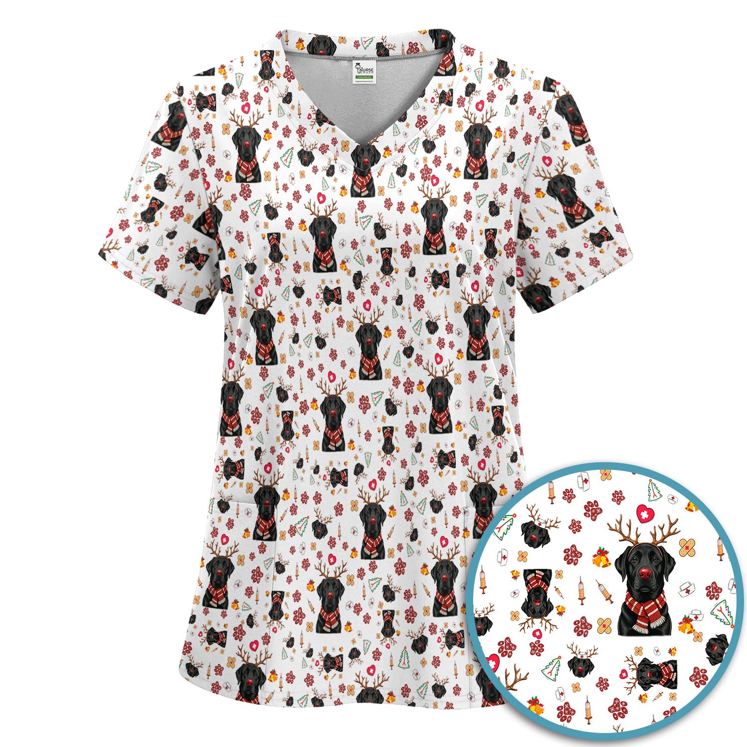 Funny Black Lab Reindeer Scrub Set - Christmas Dog Nurse Pants and V Neck Top - Cute Holiday Medical Uniform