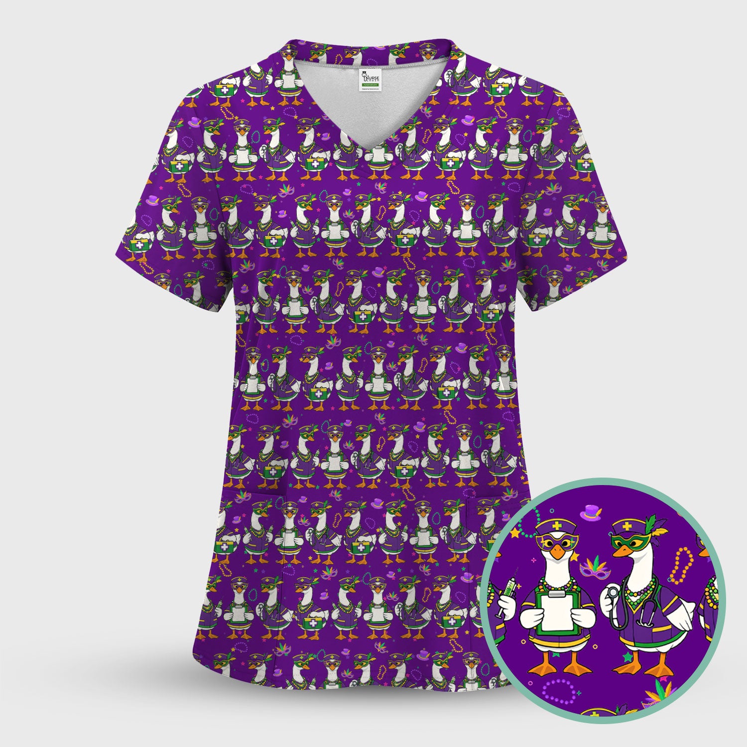 Mardi Gras Nurse Goose Scrub Set, Purple Carnival Parade Medical Pattern Nurse Shirt, Breathable Fabrics Nursing Uniform