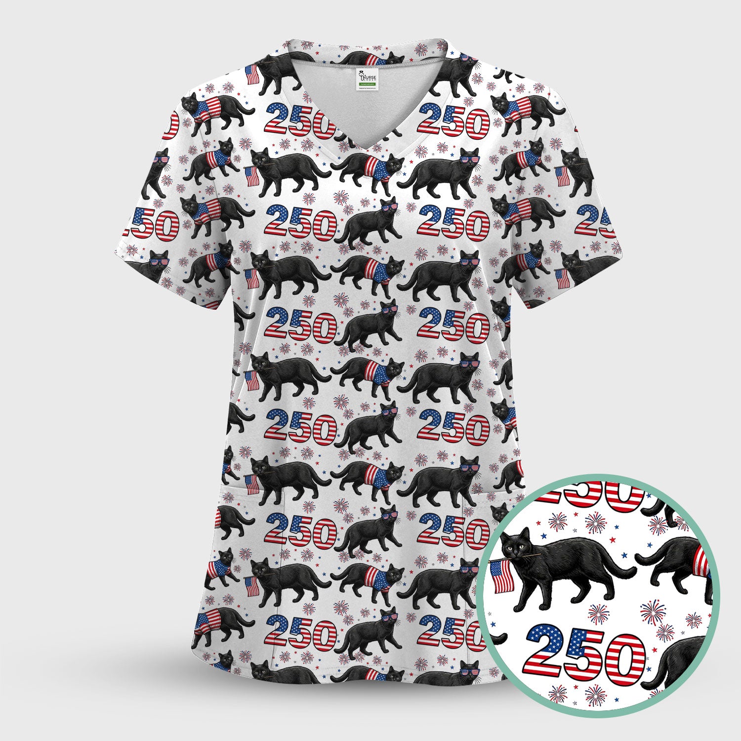 Black Cat 250 USA Flag Fireworks Pattern Scrub Sets, Scrub Pants and V Neck Top