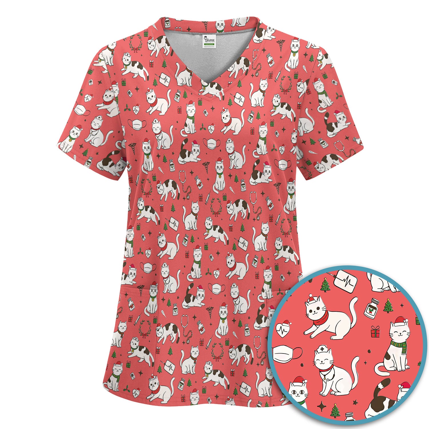 Christmas Cat Scrub Set – Festive Nurse & Holiday Kitty Pattern – Cute Medical Uniform for Nurses, Vets and Healthcare Workers