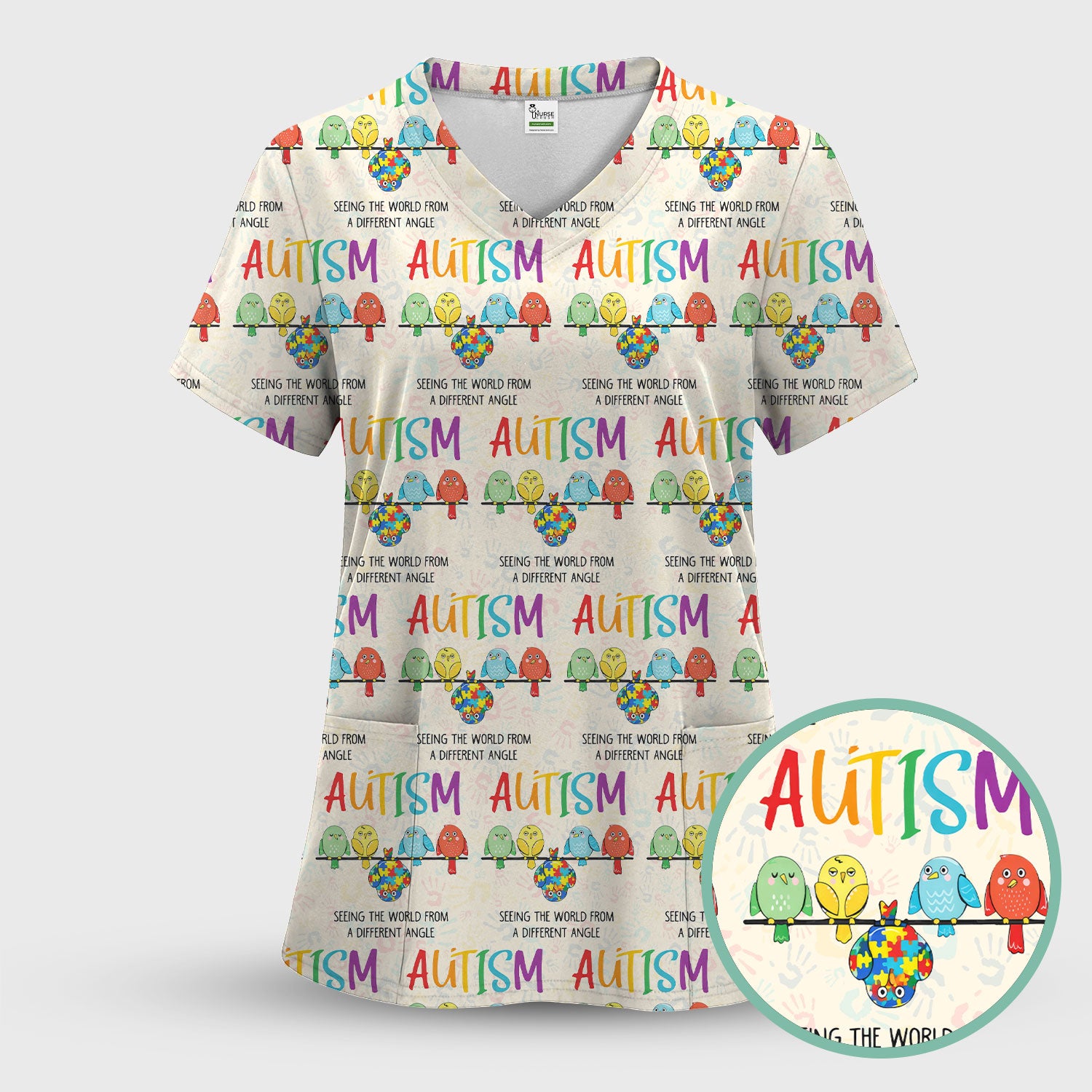 Autism Seeing The World From A Different Angle Birds Scrub Top ,Comfortable Scrubs for Nurses