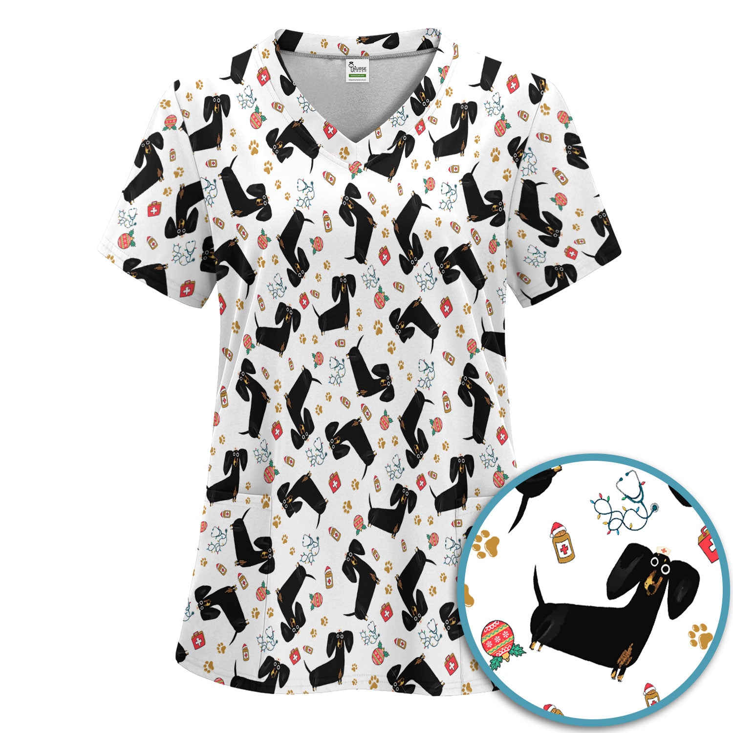 Funny Wiener Dog Scrub Sets for Nurses - Cute Black Dachshund Pants and V Neck Top - Dog Lover Nursing Uniform Gift for Women