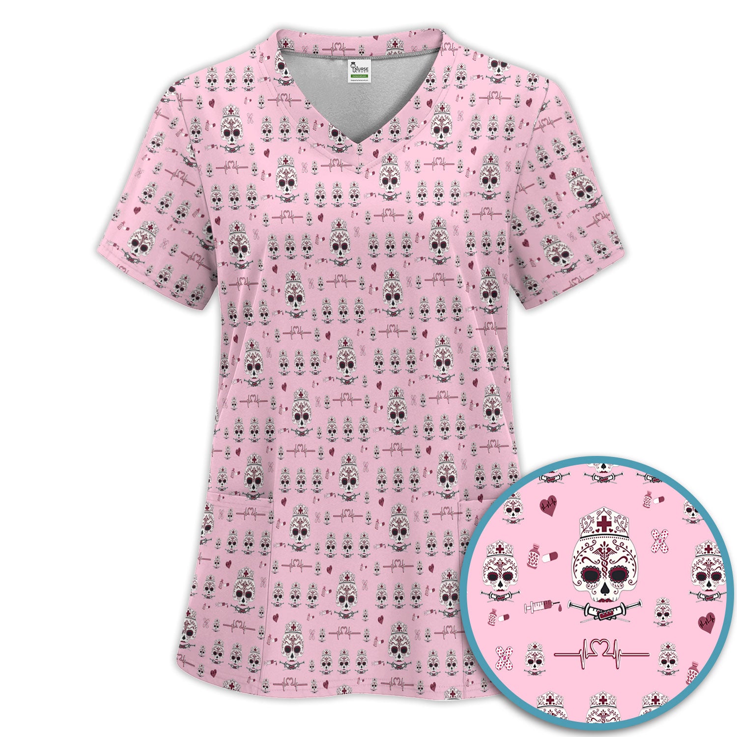 Sugar Skull Scrub Set, Skull Pattern Scrub Shirt, Breathable Fabrics Nursing Uniform