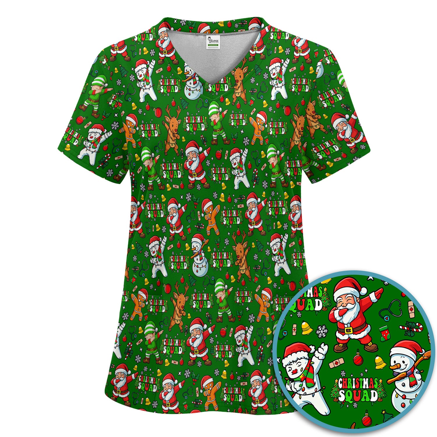 Christmas Squad Scrub Set - Dancing Santa, Reindeer & Elf Pants and V Neck Top - Funny Holiday Gift for Nurses, Doctors & Vet Techs