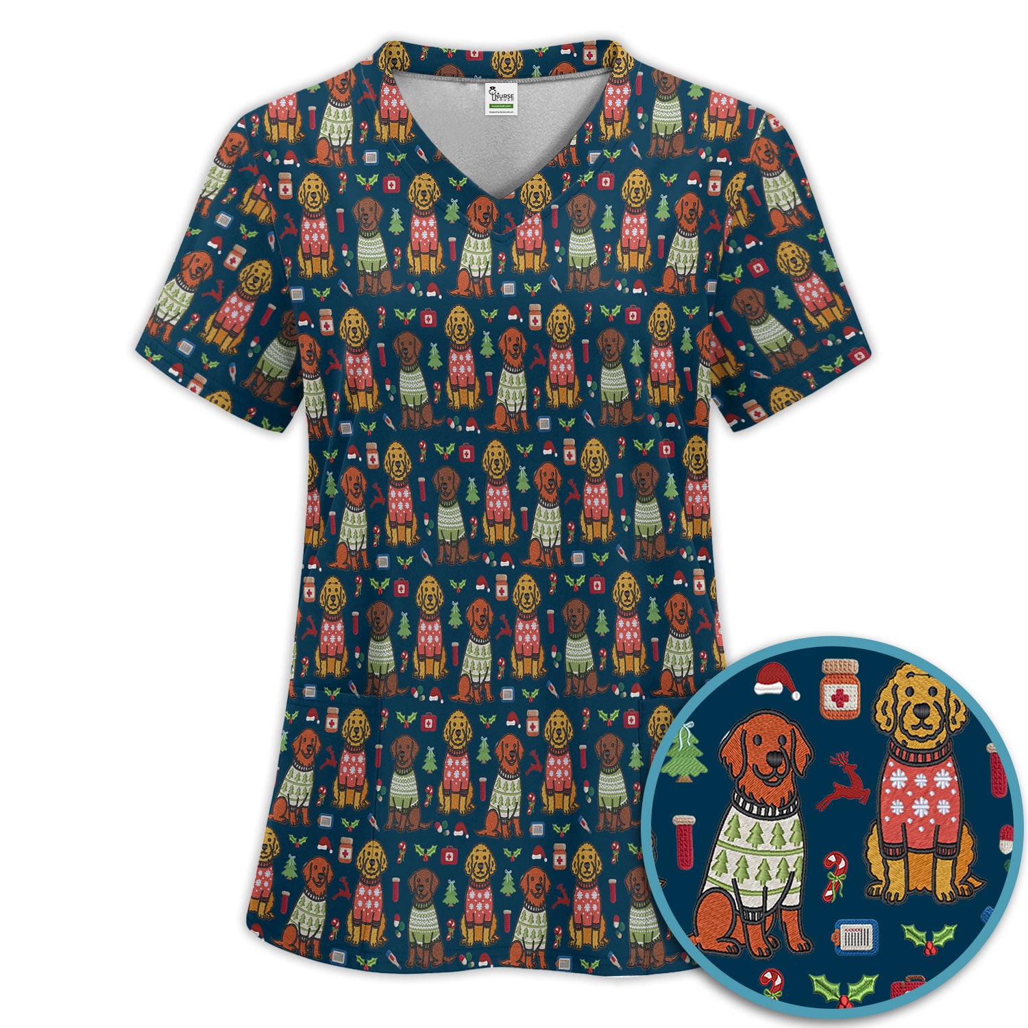Golden Retriever Christmas Scrub Set, Cute Holiday Dog Nurse Pattern Shirt, Breathable Fabrics Nursing Uniform