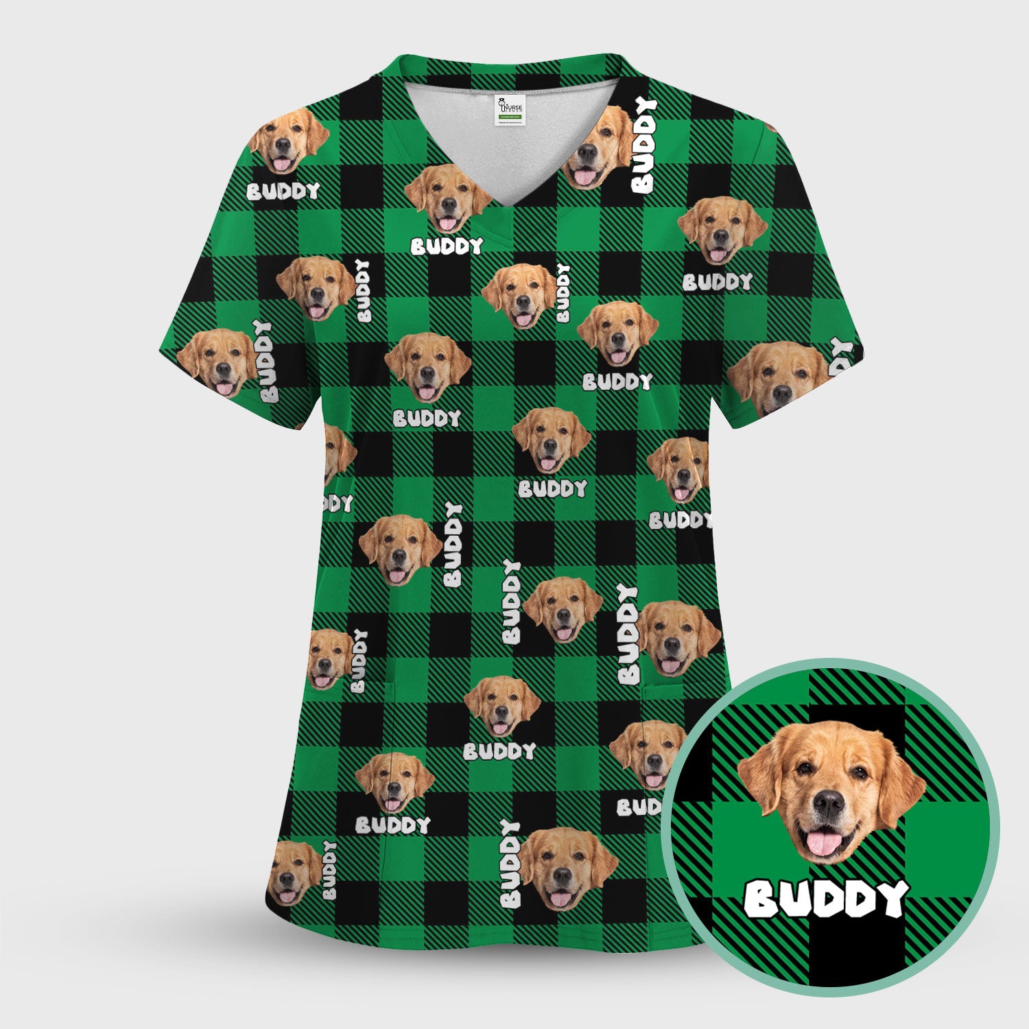 Custom Dog Face Scrub Top, Personalized Pet Photo Checkered Pattern Shirt, Custom Name Vet Tech Gift For Nursing