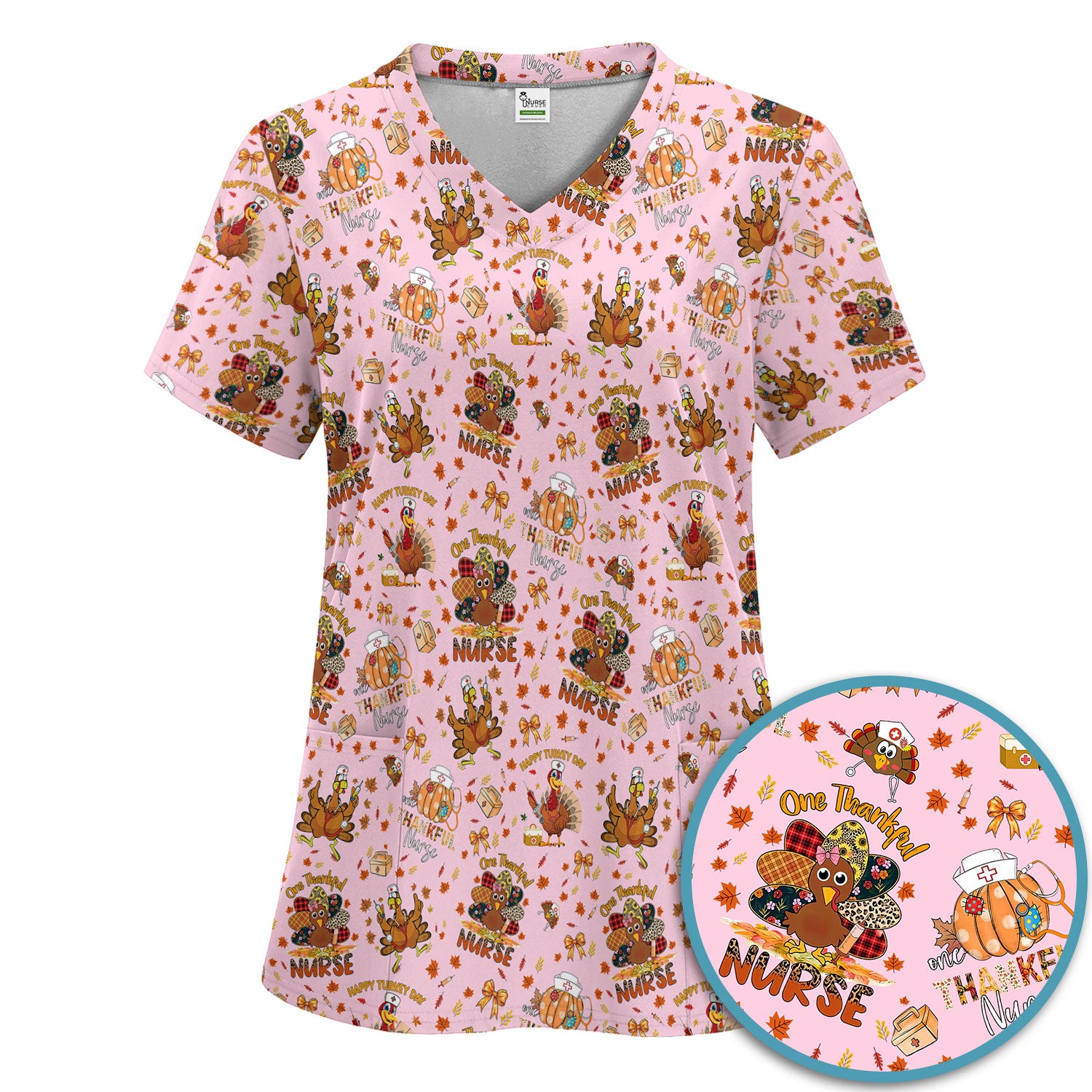 Thanksgiving Nurse Fall Scrub Sets for Women - Cute Turkey and Pumpkin Scrubs Pants and V Neck Top - Autumn Med Gift for Her