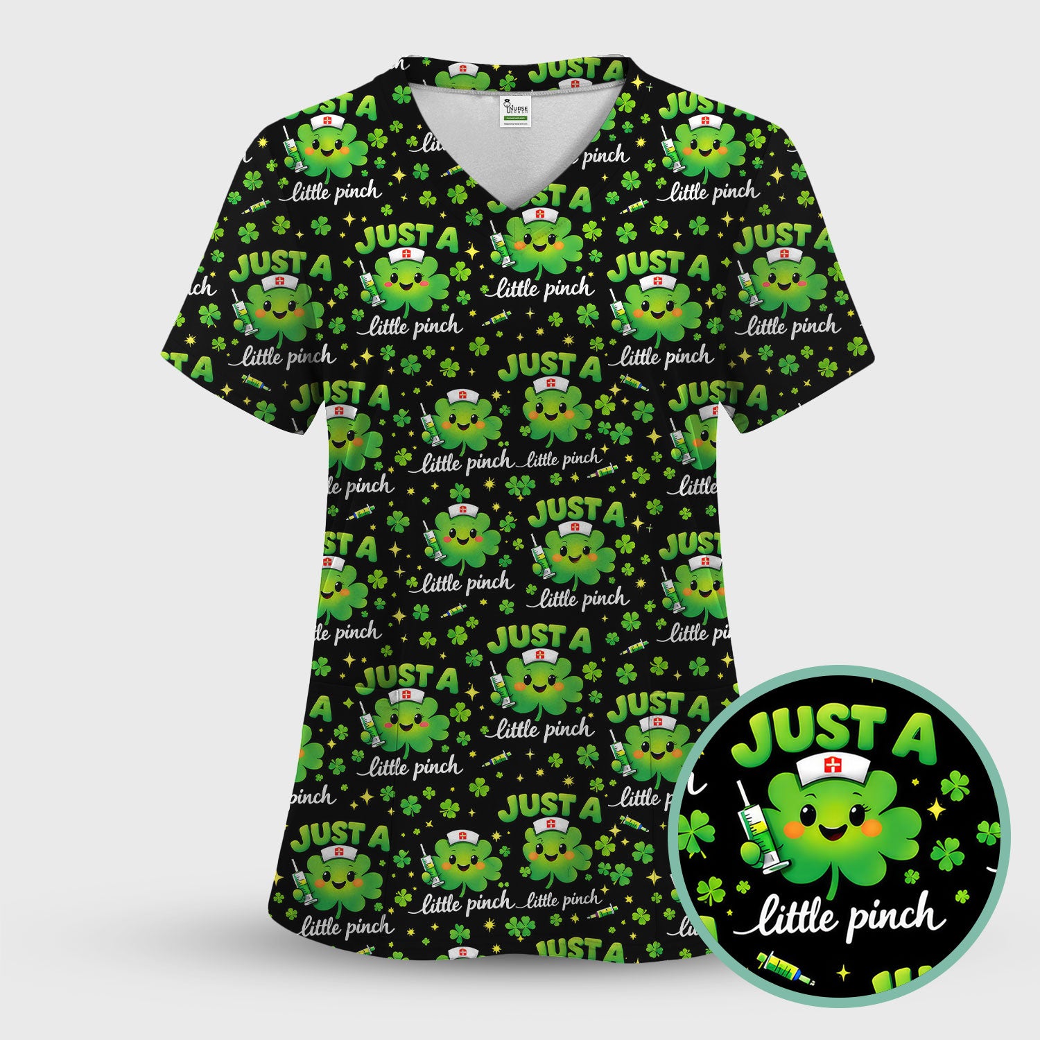 Shamrock Nurse Just A Little Pinch Print Scrub Top, Comfortable Scrubs for Nurses