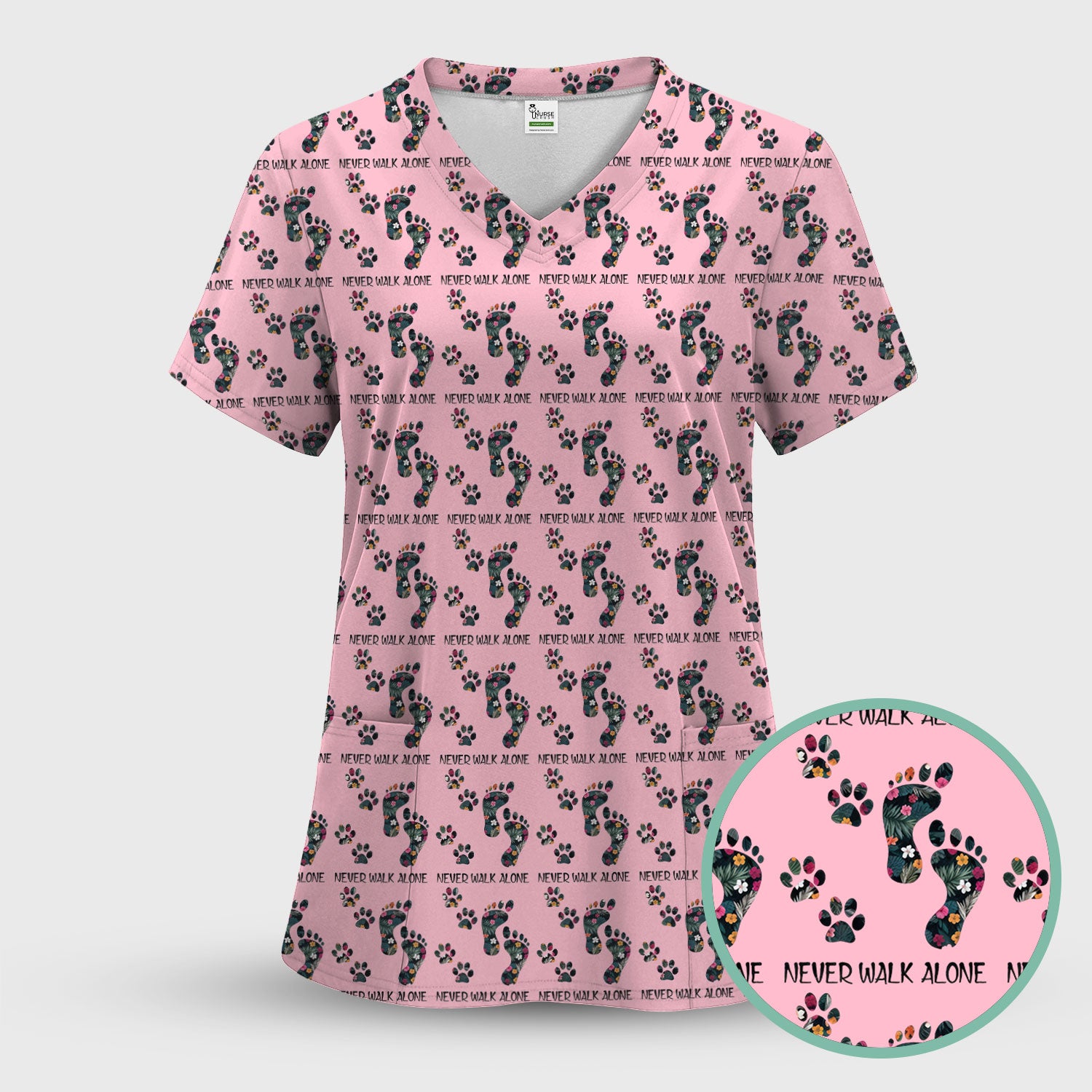 Never Walk Alone Scrub Top, Floral Paw Print Medical Scrub Shirt for Nurses, Vet Techs And Healthcare Workers