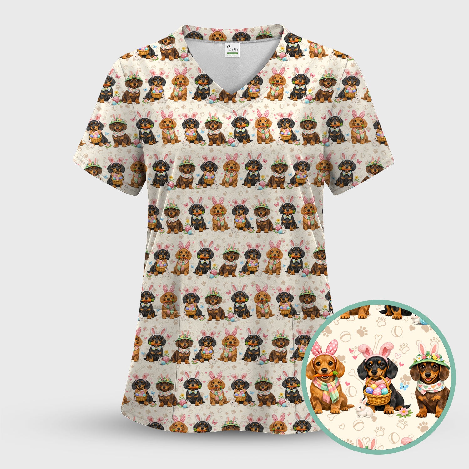 Cute Easter Dachshund Dog Bunny Print Scrub Top, Breathable Fabrics Nursing Uniform