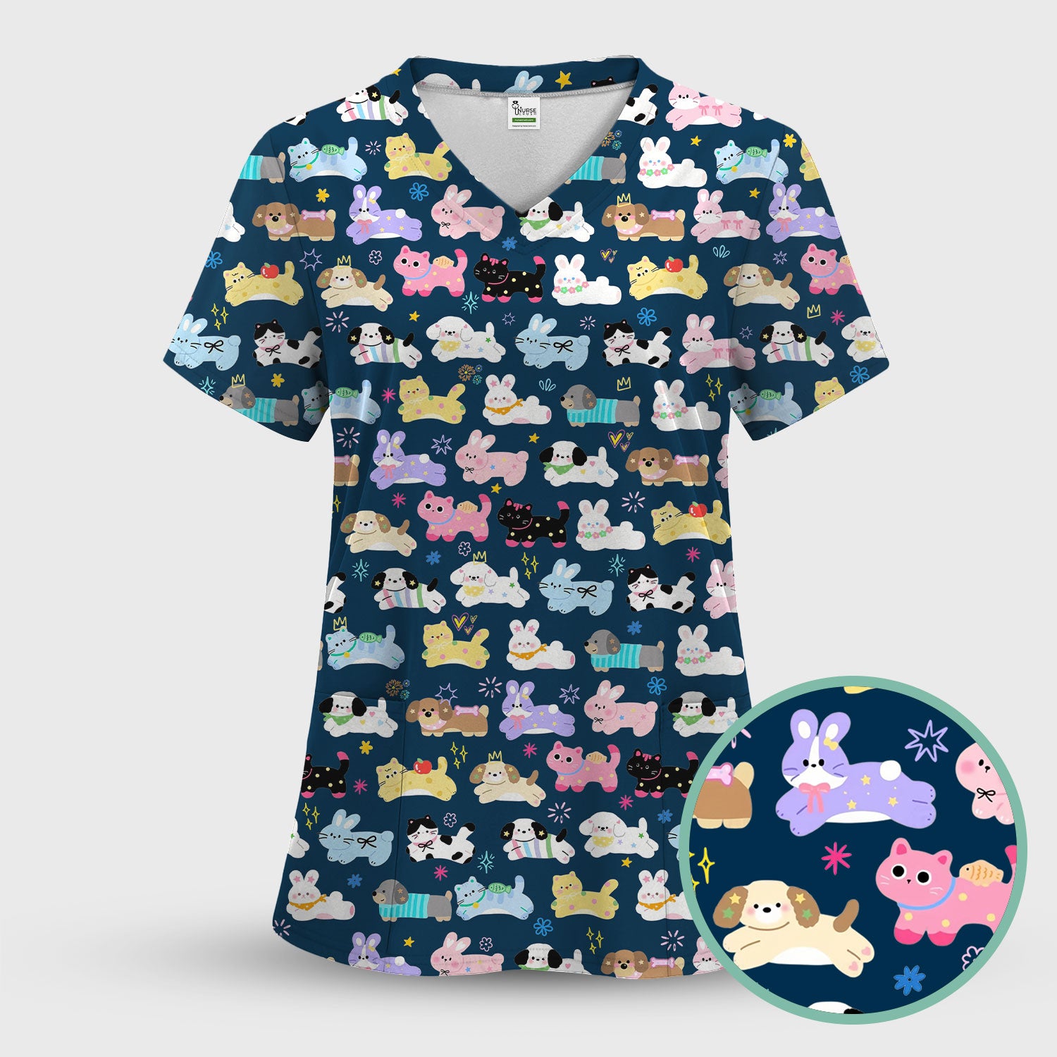 Cute Kawaii Animal Pattern Scrub Set, Scrub Pants and V Neck Top