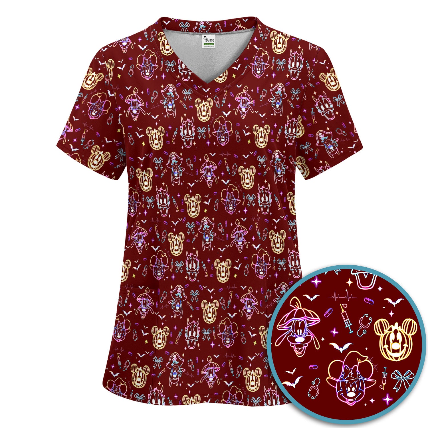 Neon Mouse Halloween Scrub Set for Nurses - Spooky Faces and Scary Pumpkin Scrub Pants and V Neck Shirt - Funny Med Uniform