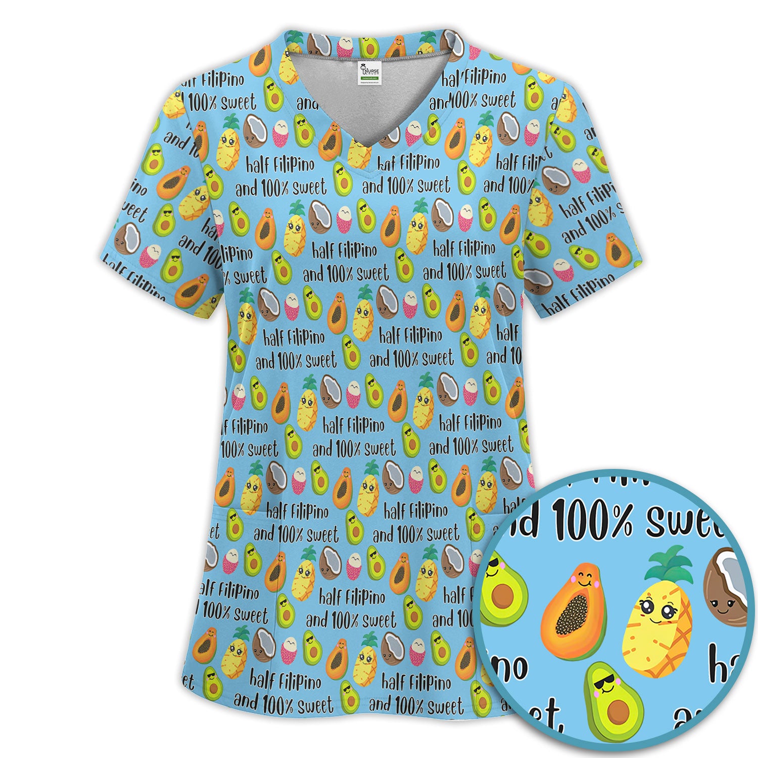 Playful Avocado Fruit Print Filipino Quote Scrub Set, Breathable Med Uniform