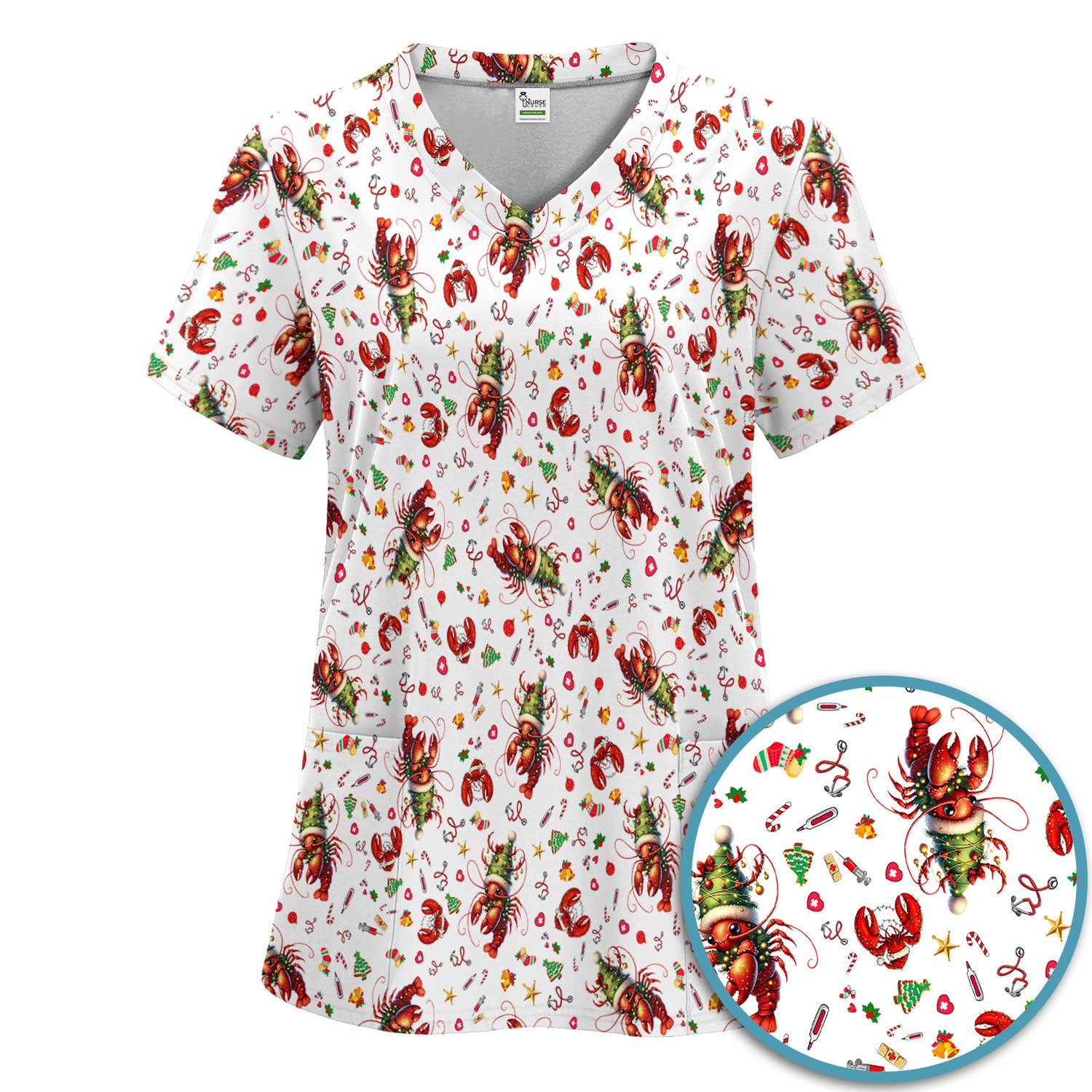 Whimsical Crawfish Christmas Scrub Set – Southern Christmas Cajun Holiday Crawfish Pattern – Cute Medical Uniform for Nurses, Vets And Healthcare Workers