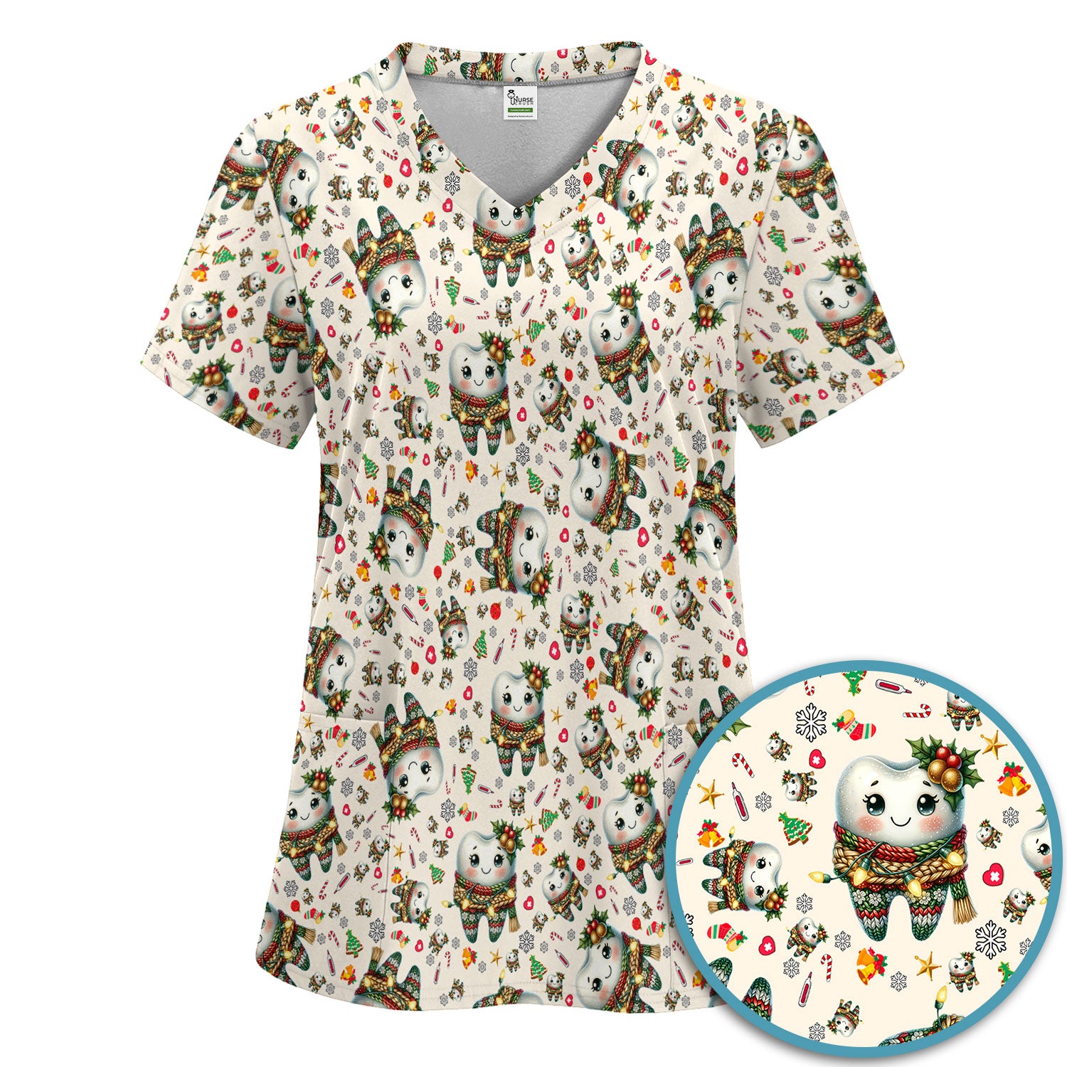 Funny Dental Christmas Scrub Set, Cute Christmas Tooth Print Scrubs Pants, Holiday Medical Uniform For Dentists and Hygienists