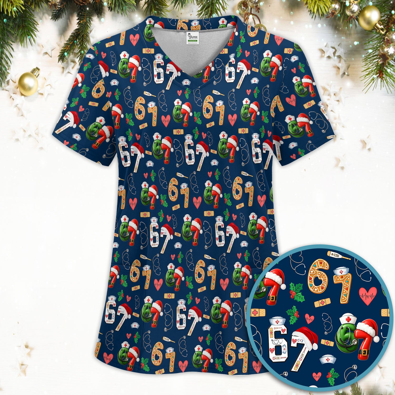 Christmas Nurse 67 Pattern Scrub Set, Cute Holiday Medical Uniform With Santa Hat, Uniform For Nursing