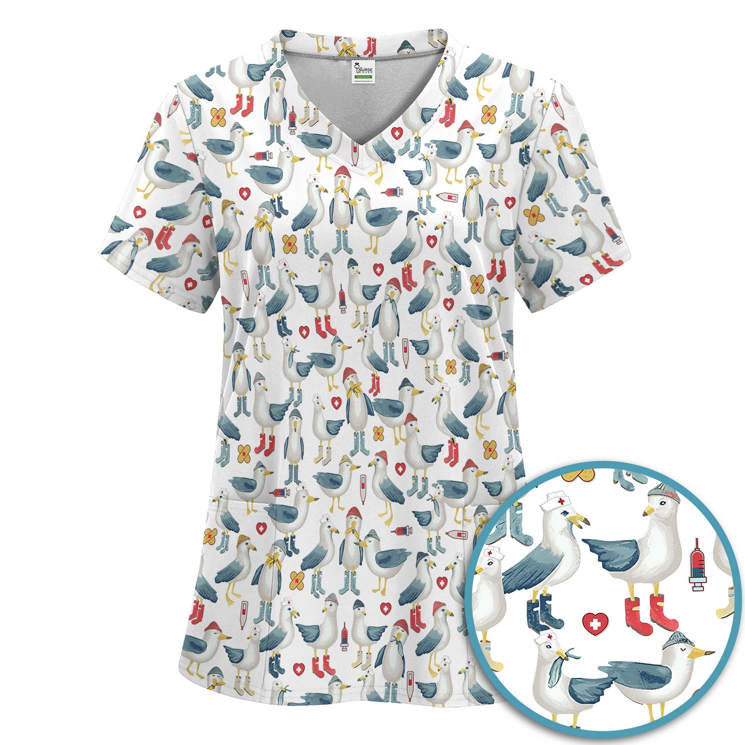 Seagull Scrub Set for Nurses - Adorable Birds Medical Uniform - Funny Scrubs Pants and V Neck Top for RN CNA LPN