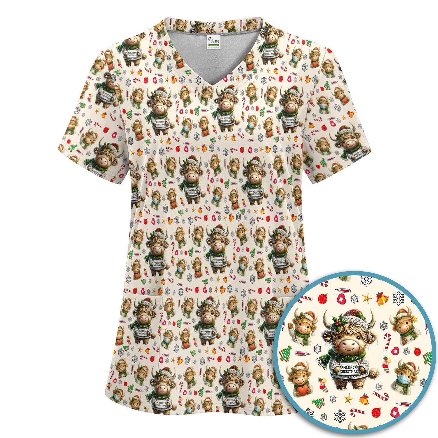 Highland Cow Christmas Scrub Set, Festive Cow Print Nurse Outfit, Holiday Medical Uniform For Women, Cute Veterinary Scrubs Gift