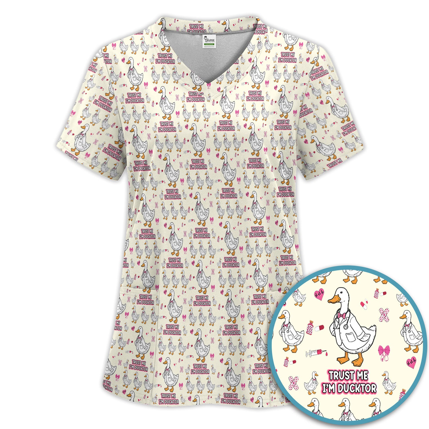 Trust Me I'm Ducktor Scrub Set, Funny Duck Pattern Scrub Shirt, Breathable Fabrics Nursing Uniform For Women