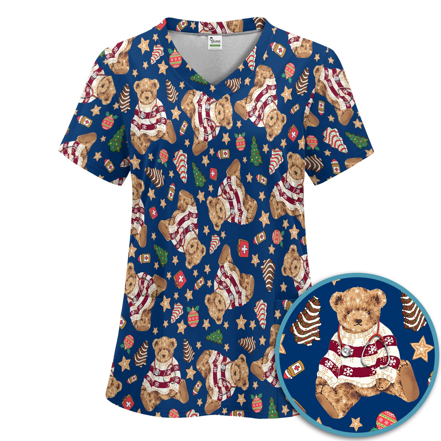 Teddy Bear Christmas Scrub Set - Festive Scrubs Pants and V Neck Top for Women - Gift for Nurses RN CNA LPN