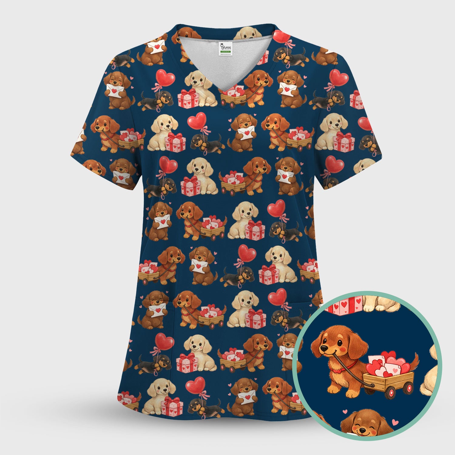 Cute Dachshund Nurse Scrub Top For Nurses, Wiener Dog Pattern Nurse Shirt, Breathable Fabrics Nursing Uniform