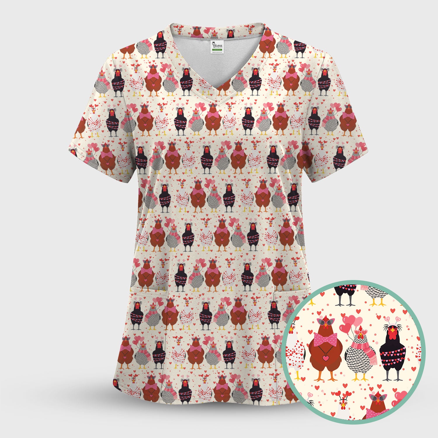 Funny Chicken Valentine Scrub Top, Chicken Pattern Scrub Shirt For Nursing, Valentine Gift For Nurse