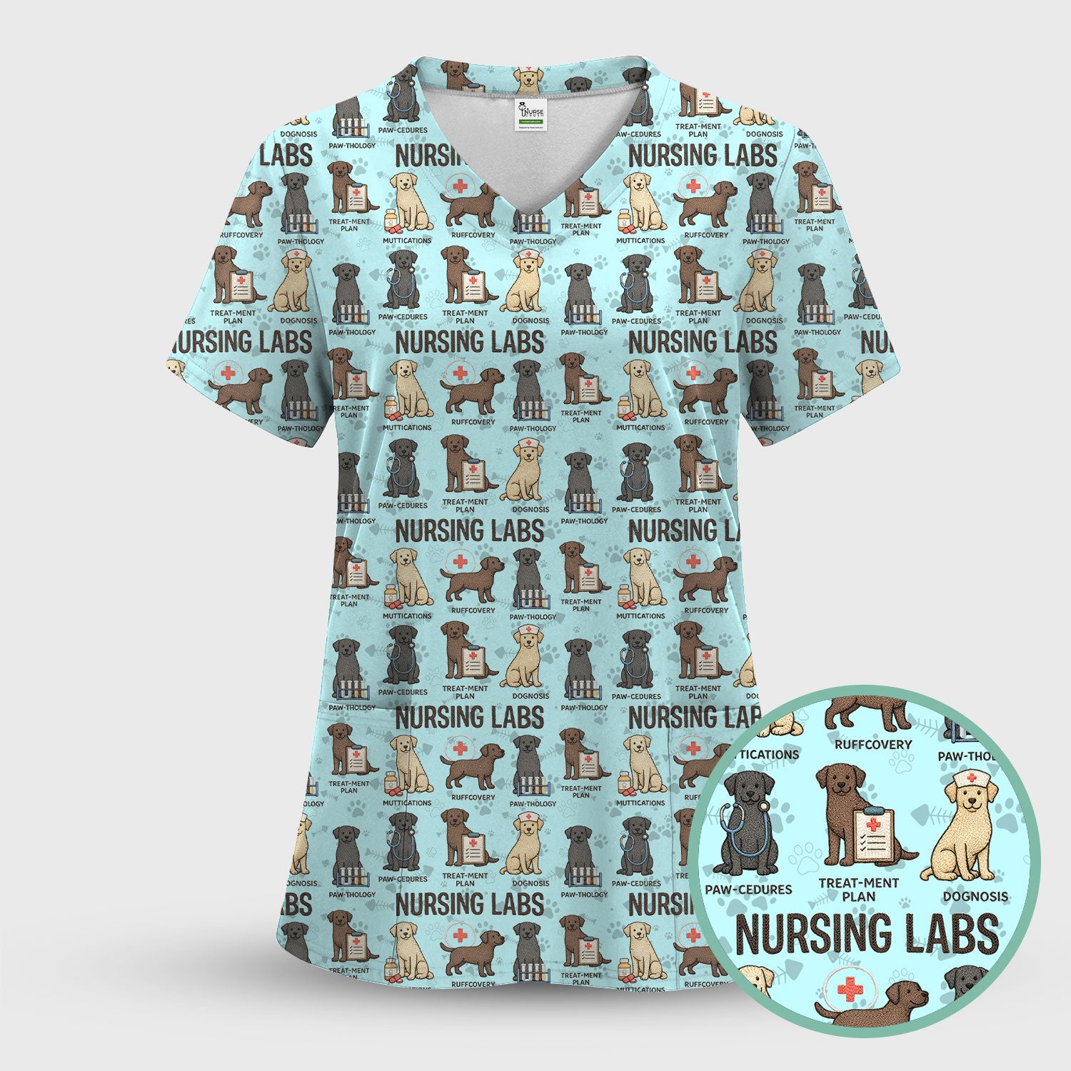 Playful Nursing Labs Dog Pattern Scrub Top, Comfortable Scrubs for Nurses