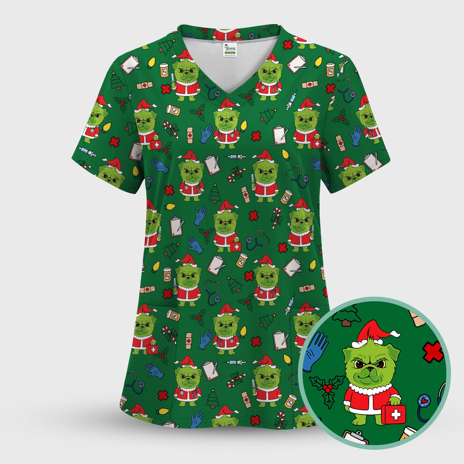 Funny Christmas Scrub Top for Nurses - Grumpy Dog and Medical Tools Pattern - Holiday Nurse Scrubs for Women