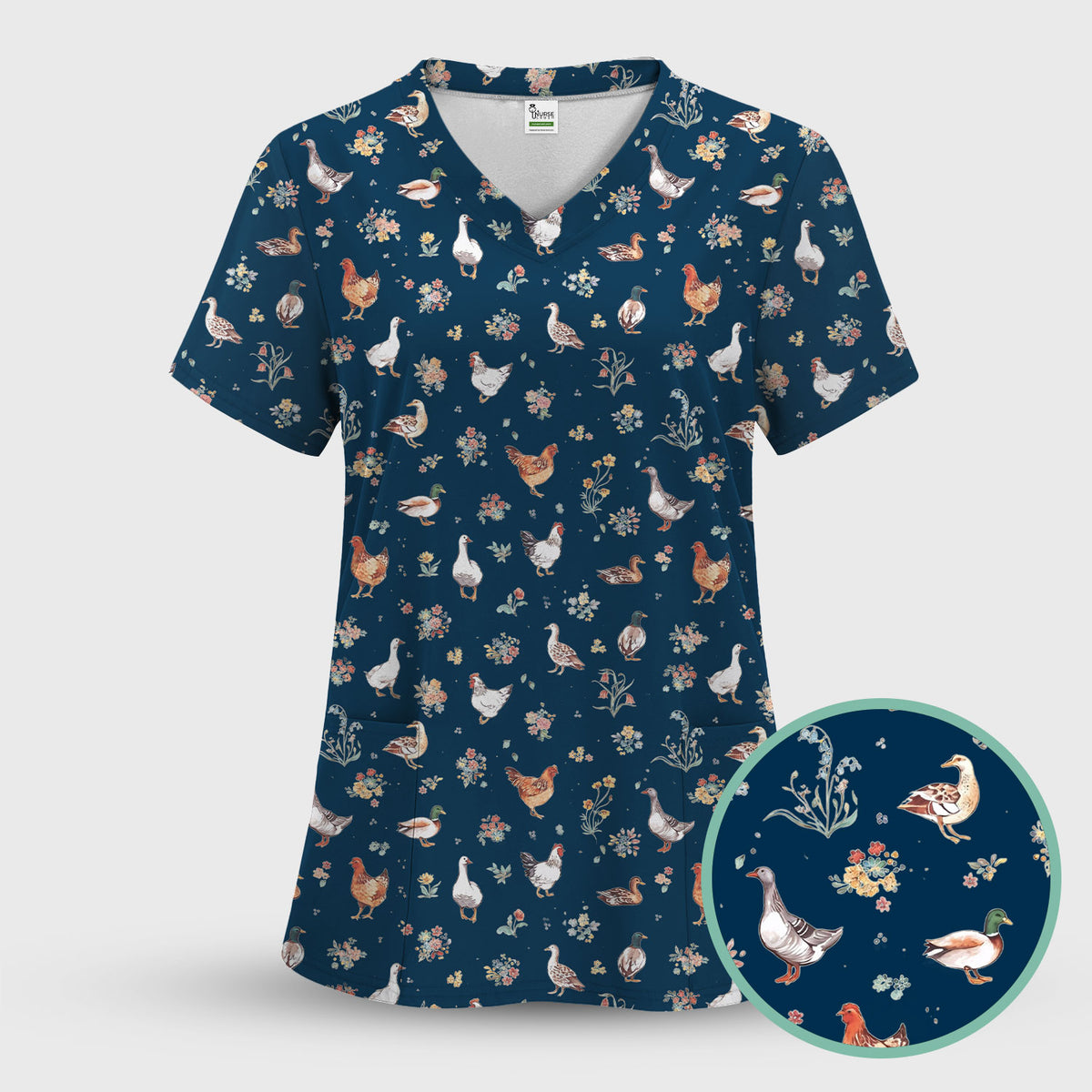 Farm Chicken Duck Floral Pattern Scrubs Sets, Scrub Pants and V Neck Top