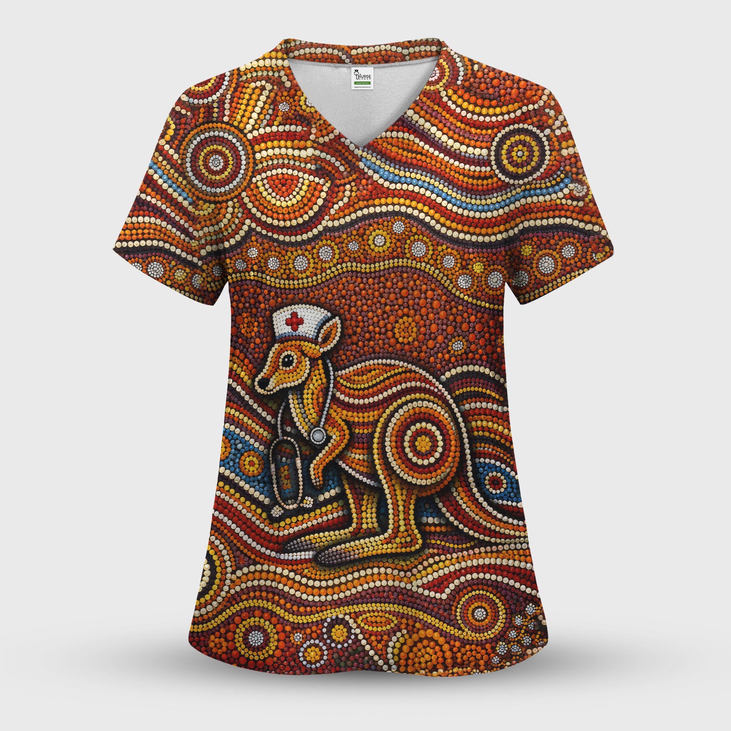 Australian Aboriginal Nurse Scrub Set, Kangaroo Dot Art Medical Nurses Shirt, Breathable Fabrics Nursing Uniform