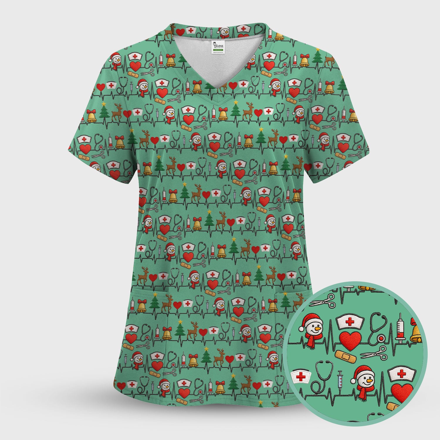 Cute Snowman Nurse Scrub Top, Christmas Holiday Medical Uniform For Nursing, Festive Heartbeat Print Nurse Shirt