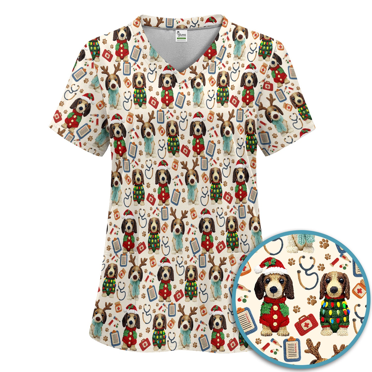 Christmas Wiener Dog Scrubs Set for Women - Cute Dachshund Christmas Scrub Pants and V Neck Top - Puppy Lover Medical Uniform Gift