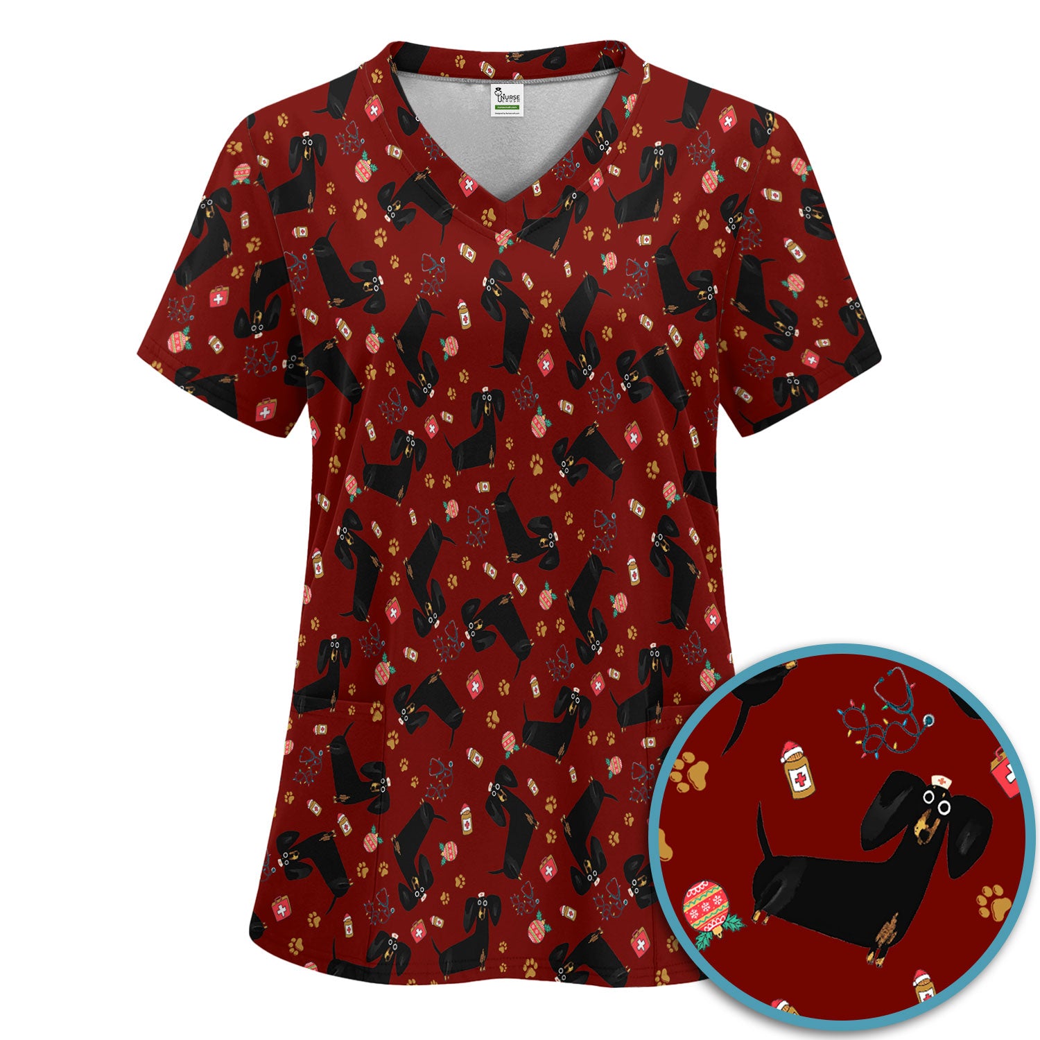 Funny Wiener Dog Scrub Sets for Nurses - Cute Black Dachshund Pants and V Neck Top - Dog Lover Nursing Uniform Gift for Women