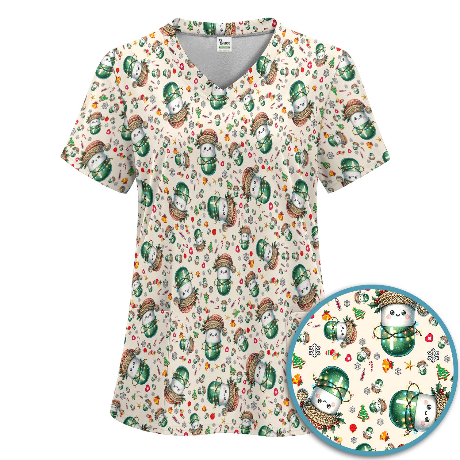 Pharmacy Tech Christmas Scrub Set – Cute Green Snowman Print Nurse Outfit – Funny Holiday Medical Uniform for Pharmacists