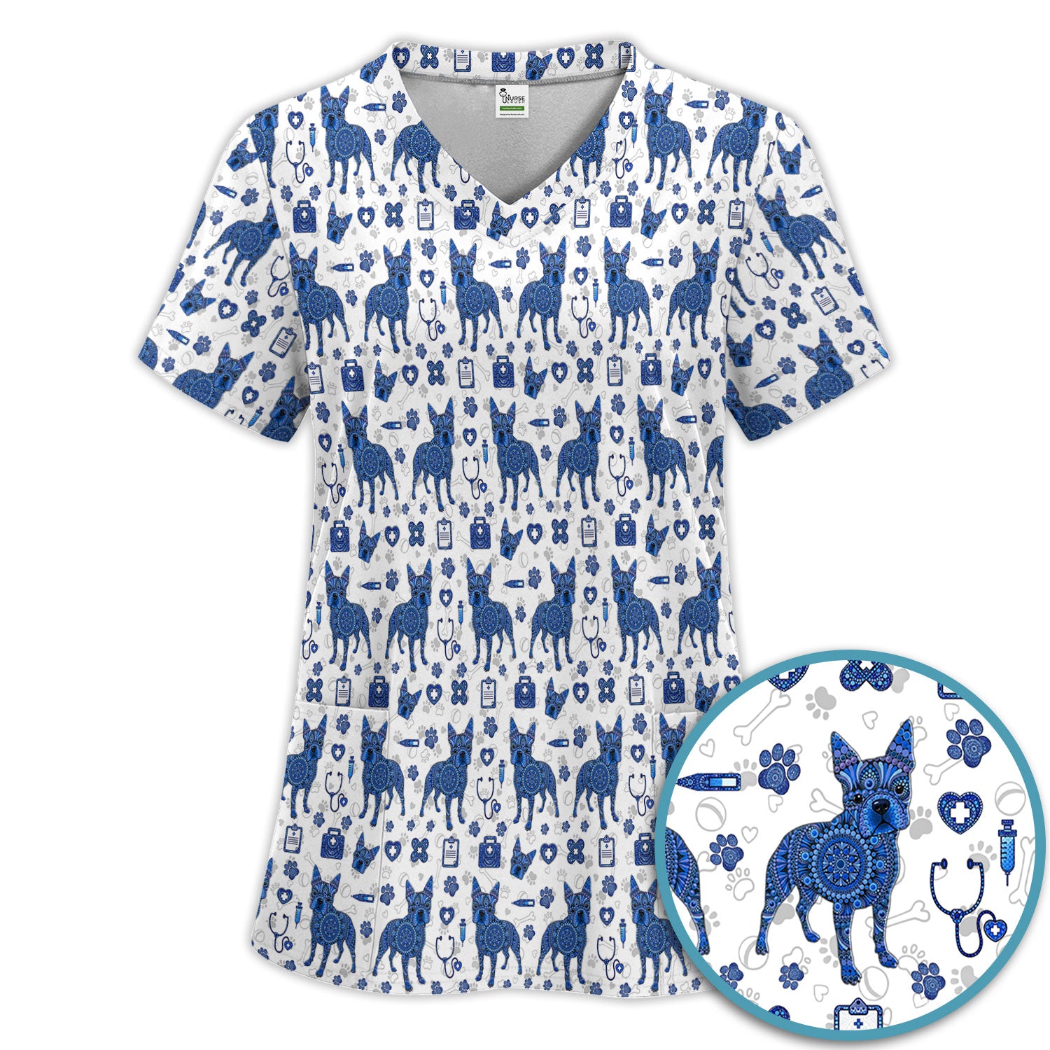 Blue Heeler Australian Cattle Dog Scrub Set, Australia Dot Art Pattern Shirt, Breathable Fabrics Nursing Uniform