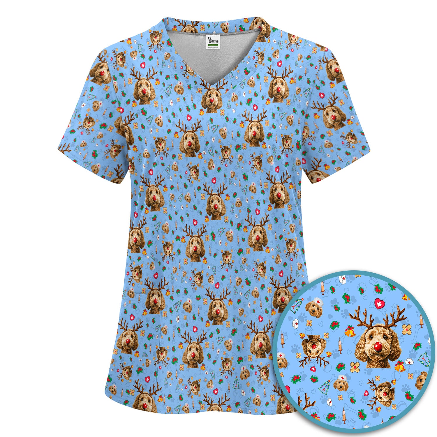 Christmas Labradoodle Scrub Set - Funny Reindeer Dog Nurse Pants and V Neck Top - Cute Holiday Medical Uniform