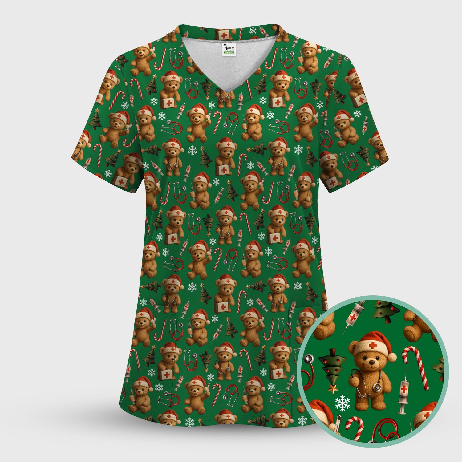 Teddy Bear Christmas Scrubs for Women - Cute Nurse Bear Pattern Medical Scrub Top - Holiday Christmas Scrubs with Fun Festive Design